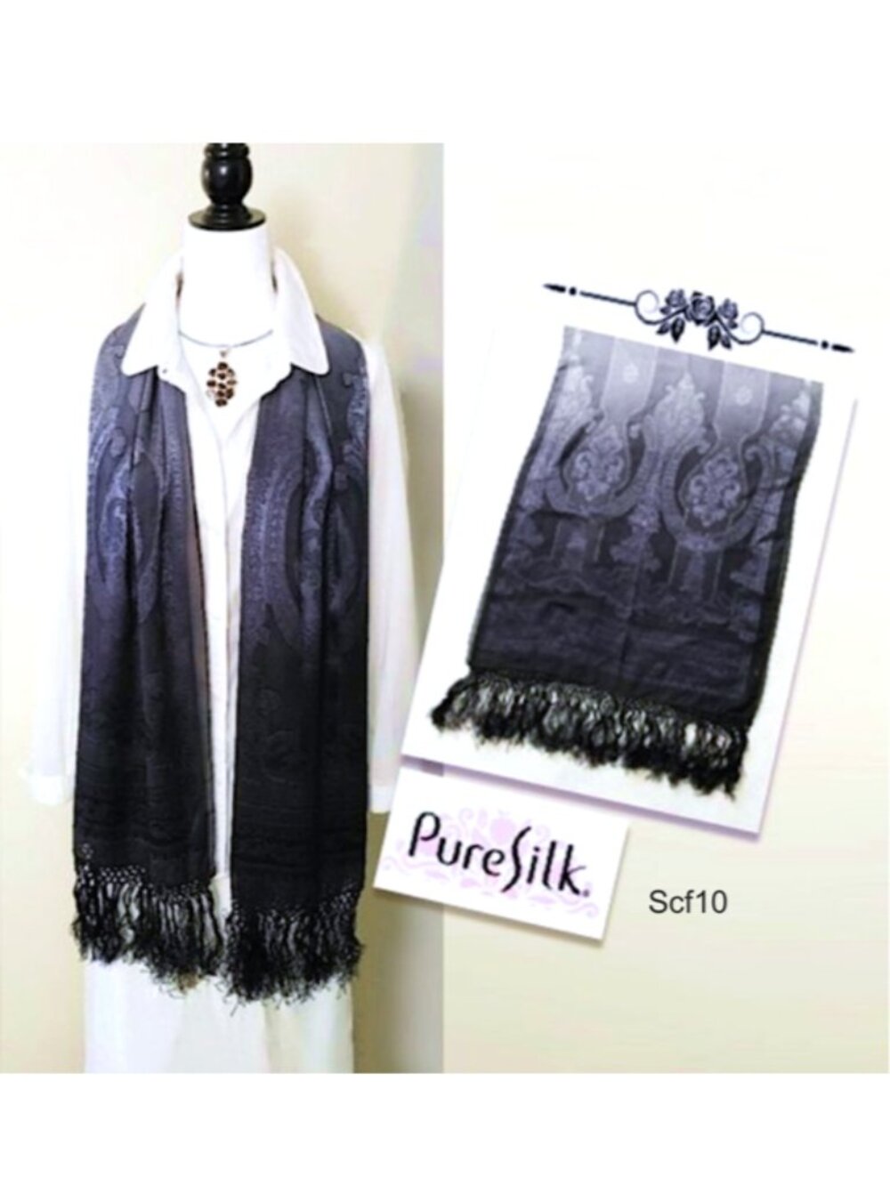 100% Silk Rectangle Scarf Grey Black Woven Paisley Pattern Tassels